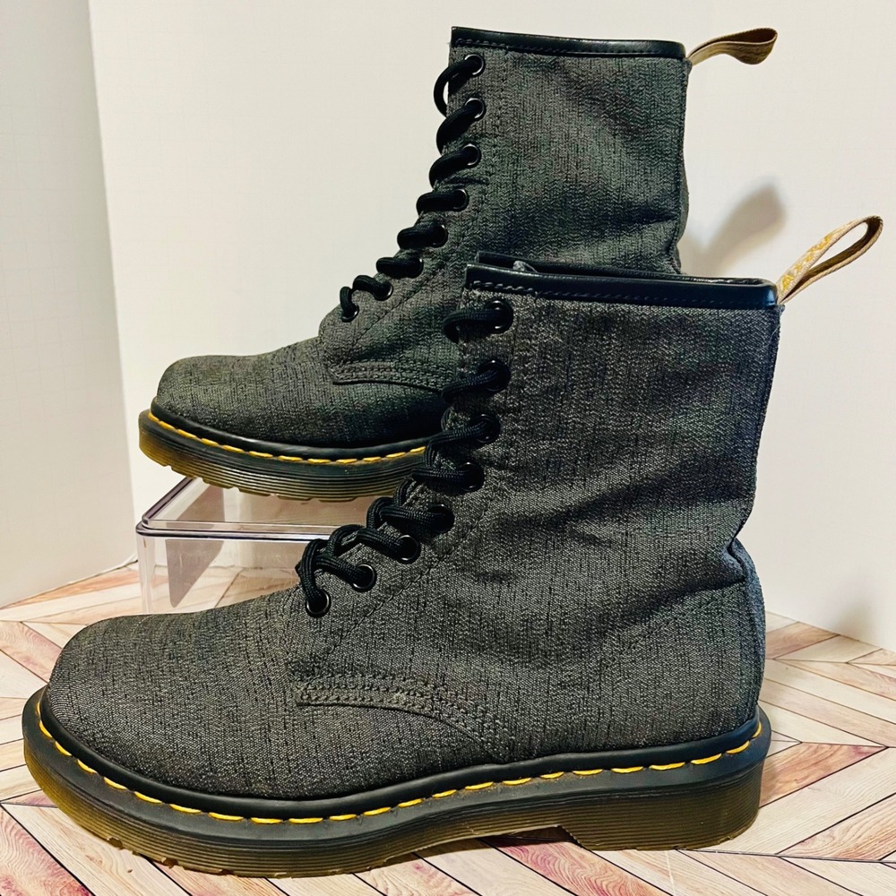 Dr. Martens Vegan Castel Boots Womens 7‎ Mid Grey Canvas 8-Eye Twill Sustainable